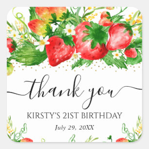 Watercolor Strawberries and Flowers Birthday Party Square Sticker