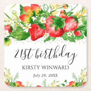 Watercolor Strawberries and Flowers Birthday Square Paper Coaster