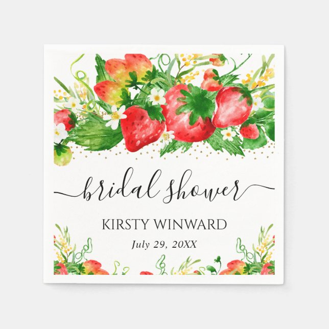 Watercolor Strawberries and Flowers Bridal Shower Napkin (Front)