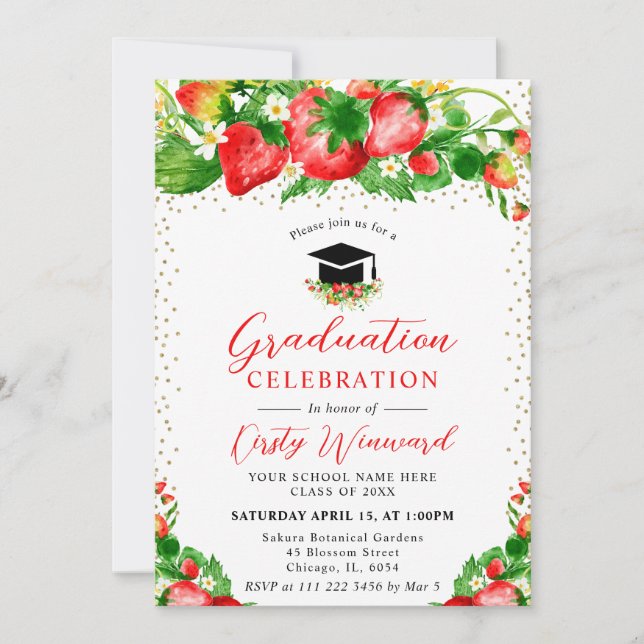Watercolor Strawberries and Flowers Graduation Invitation (Front)