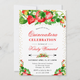 Watercolor Strawberries and Flowers Quinceanera Invitation