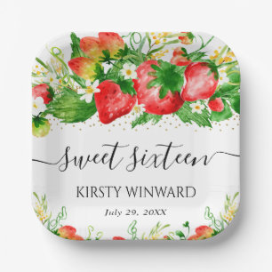 Watercolor Strawberries and Flowers Sweet Sixteen Paper Plate