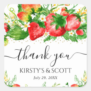 Watercolor Strawberries and Flowers Wedding Square Sticker