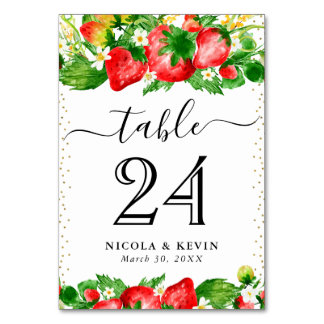 Watercolor Strawberries and Summer Flowers Wedding Table Number