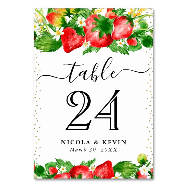 Watercolor Strawberries and Summer Flowers Wedding Table Number (Front)