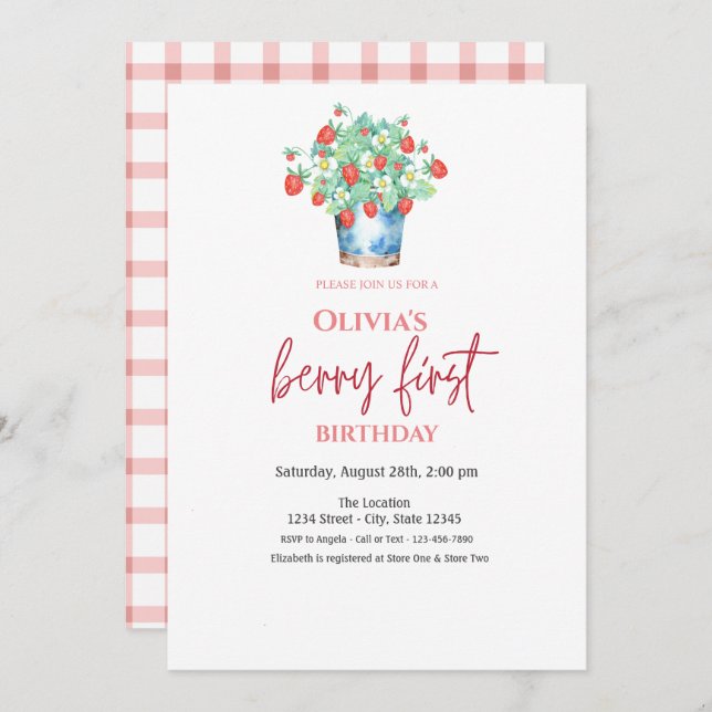 Watercolor Strawberries Basket Plaid 1st Birthday Invitation (Front/Back)