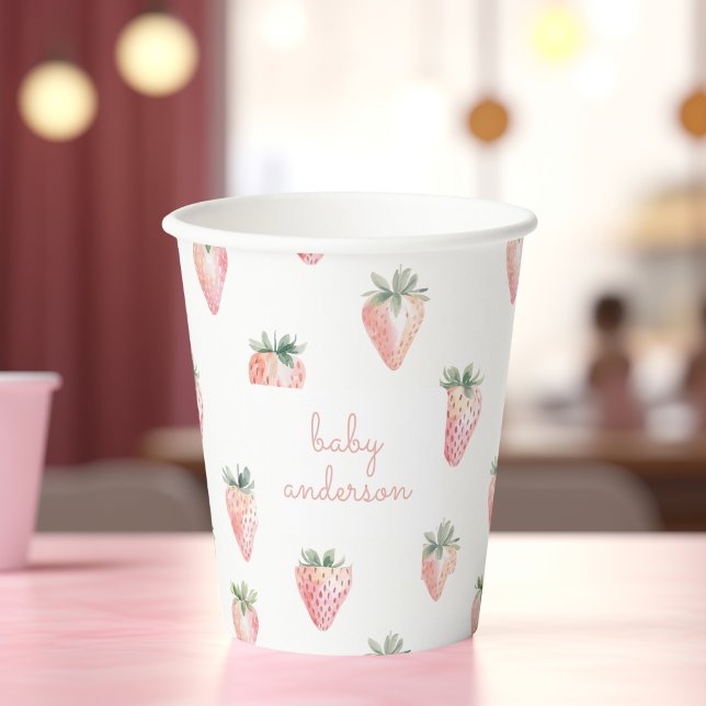 Watercolor Strawberries - Berry Sweet Baby Shower Paper Cups (Coquette pink soft watercolor strawberries in a paper cup for a berry sweet baby shower party.)