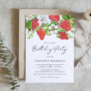 Watercolor Strawberries Botanical Birthday Invitation