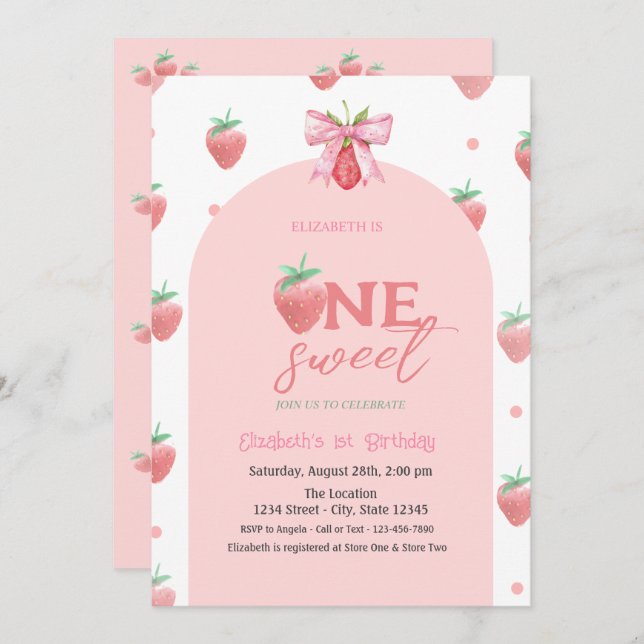 Watercolor Strawberries Bow Two Sweet 1st Birthday Invitation (Front/Back)