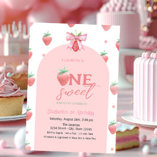 Watercolor Strawberries Bow Two Sweet 1st Birthday Invitation