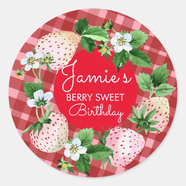 Watercolor Strawberries First Birthday Plaid Classic Round Sticker (Front)