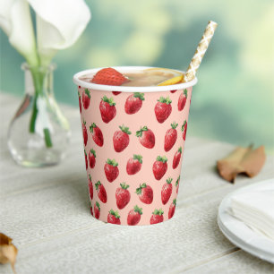 Watercolor Strawberries Fruit Pattern Pastel Pink Paper Cups