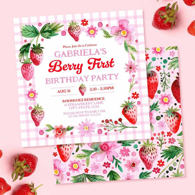 Watercolor Strawberries Girl 1st Birthday Invitation (Watercolor Strawberries Girl 1st Birthday Invitation)