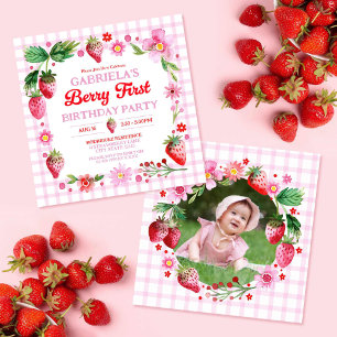 Watercolor Strawberries Girl 1st Birthday Photo Invitation