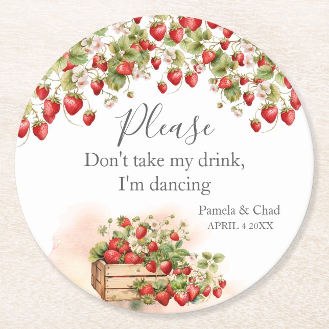 Watercolor Strawberries I'm Dancing Round Paper Coaster (Front)