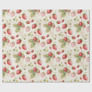 Watercolor Strawberries, Leaves and Flowers Wrapping Paper