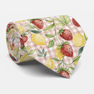 Watercolor Strawberries & Lemons on Blush Plaid Tie