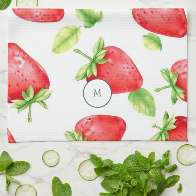 Watercolor strawberries modern summer monogrammed tea towel (Folded)