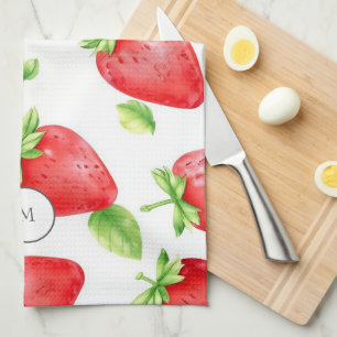 Watercolor strawberries modern summer monogrammed tea towel