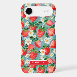 Watercolor Strawberries On Blue Monogrammed