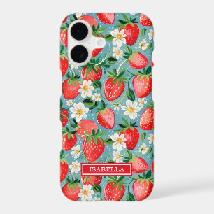 Watercolor Strawberries On Blue Monogrammed