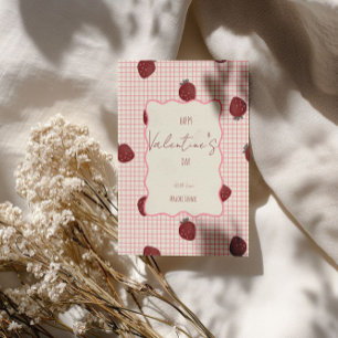 Watercolor Strawberries on Pink Grid- Valentine Holiday Card