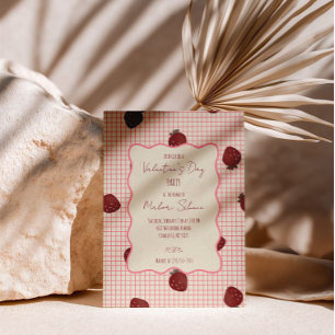 Watercolor Strawberries on Pink Grid- Valentine Invitation