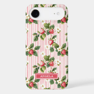 Watercolor Strawberries On Pink Stripes