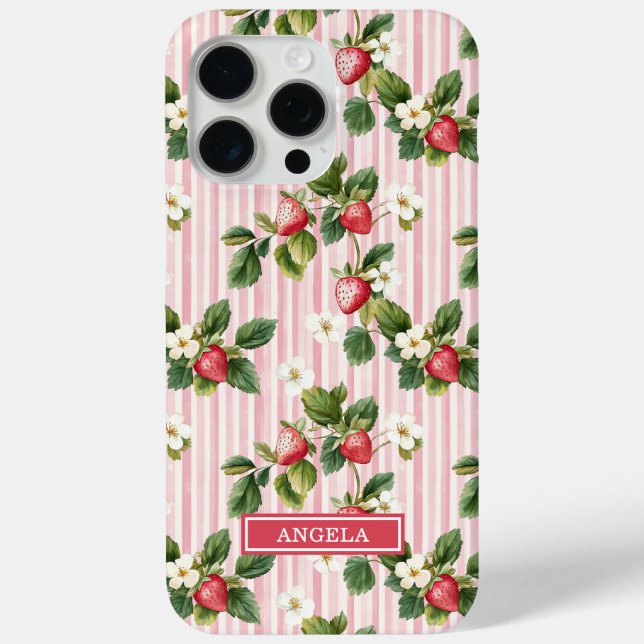 Watercolor Strawberries On Pink Stripes Case-Mate iPhone Case (Back)
