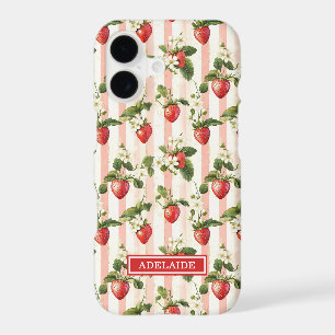 Watercolor Strawberries On Stripes Monogrammed