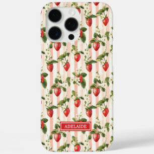 Watercolor Strawberries On Stripes Monogrammed iPhone 16 Pro Max Case