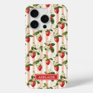 Watercolor Strawberries On Stripes Monogrammed iPhone 15 Pro Case