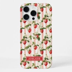 Watercolor Strawberries On Stripes Monogrammed iPhone 16 Pro Max Case