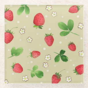 Watercolor strawberries pattern glass coaster