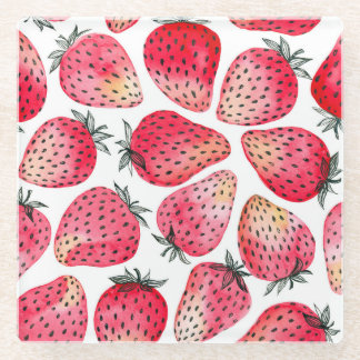 Watercolor strawberries pattern. glass coaster