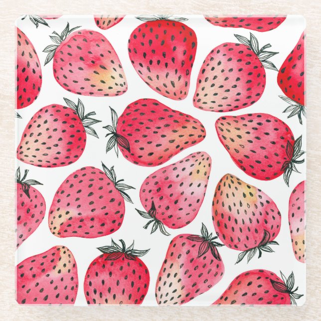 Watercolor strawberries pattern. glass coaster (Front)
