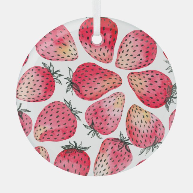 Watercolor strawberries pattern. glass tree decoration (Front)