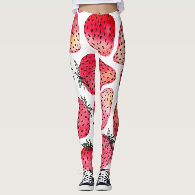 Watercolor strawberries pattern. leggings (Front)