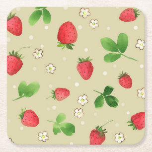 Watercolor strawberries pattern square paper coaster