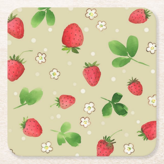 Watercolor strawberries pattern square paper coaster (Front)