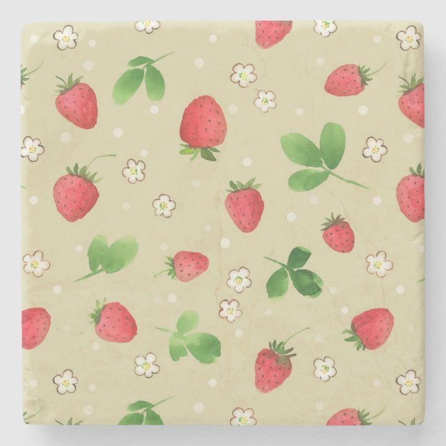 Watercolor strawberries pattern stone coaster (Front)