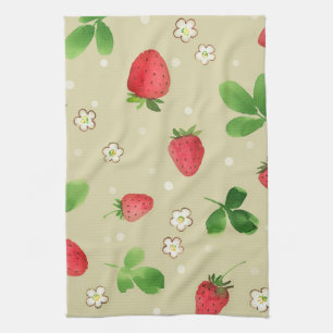 Watercolor strawberries pattern tea towel