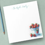 Watercolor Strawberries Personalised Stationery Notepad<br><div class="desc">Cute and charming, this personalised stationery features your family name or monogram in blue green lettered script typography with a watercolor painted tin pint of strawberries. Perfect for your spring and summer notes with a farmhouse theme. To see more office home living designs and strawberry gifts like this visit www.zazzle.com/dotellabelle...</div>