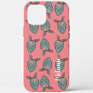 Watercolor Strawberries Pink Blue Monogrammed iPhone 12 Pro Max Case
