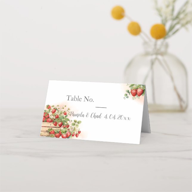 Watercolor Strawberries Wedding Place Card (Front)