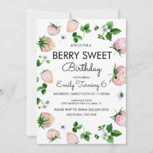 Watercolor Strawberries White Pink Birthday Party Invitation