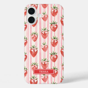 Watercolor Strawberries With Coquette Bows iPhone 16 Plus Case