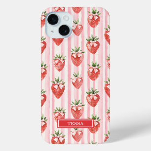 Watercolor Strawberries With Coquette Bows iPhone 15 Mini Case