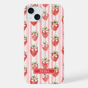 Watercolor Strawberries With Coquette Bows iPhone 15 Plus Case