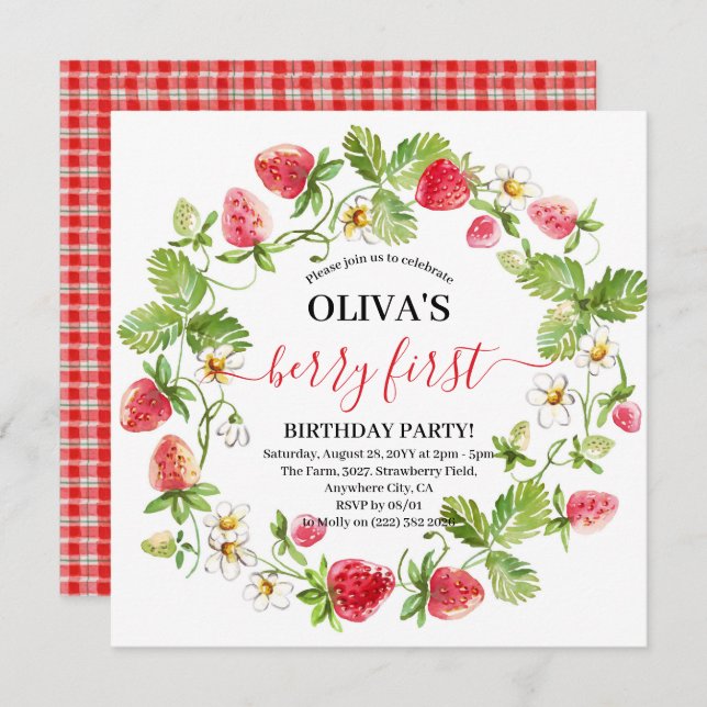 Watercolor Strawberry 1st Birthday  Invitation (Front/Back)